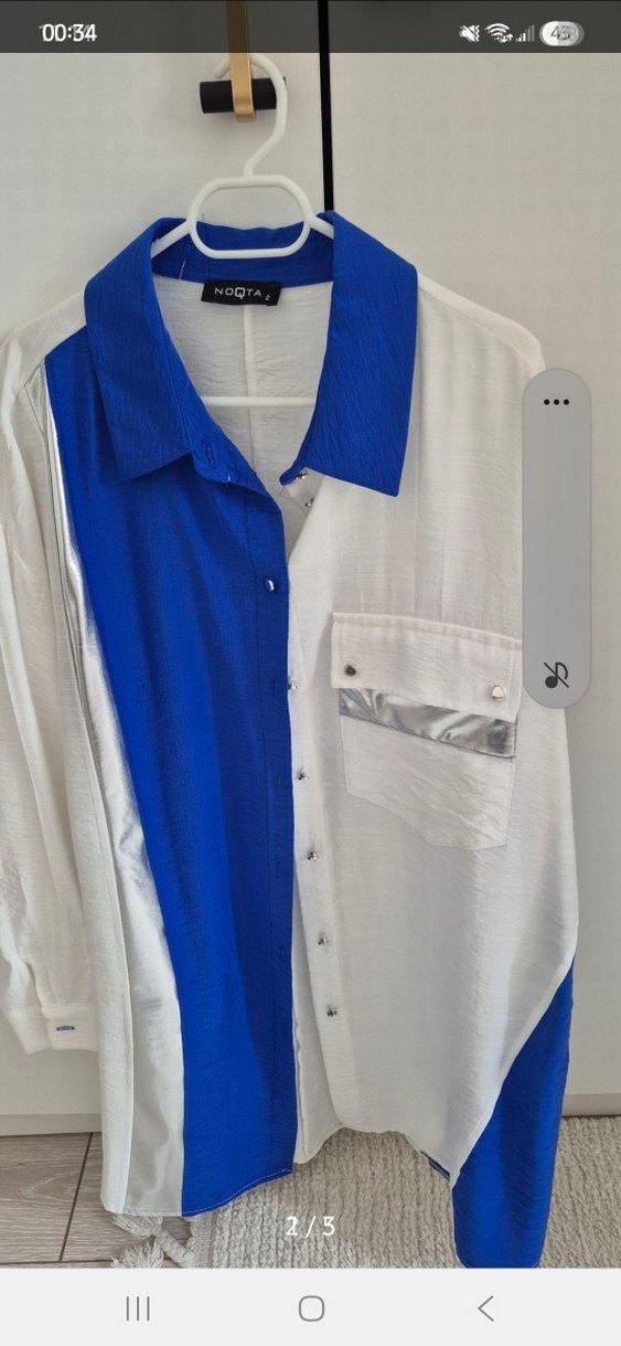 Kadın Gri Mavi Bağlama Desenli Salaş Keten Gömlek - Görsel 2