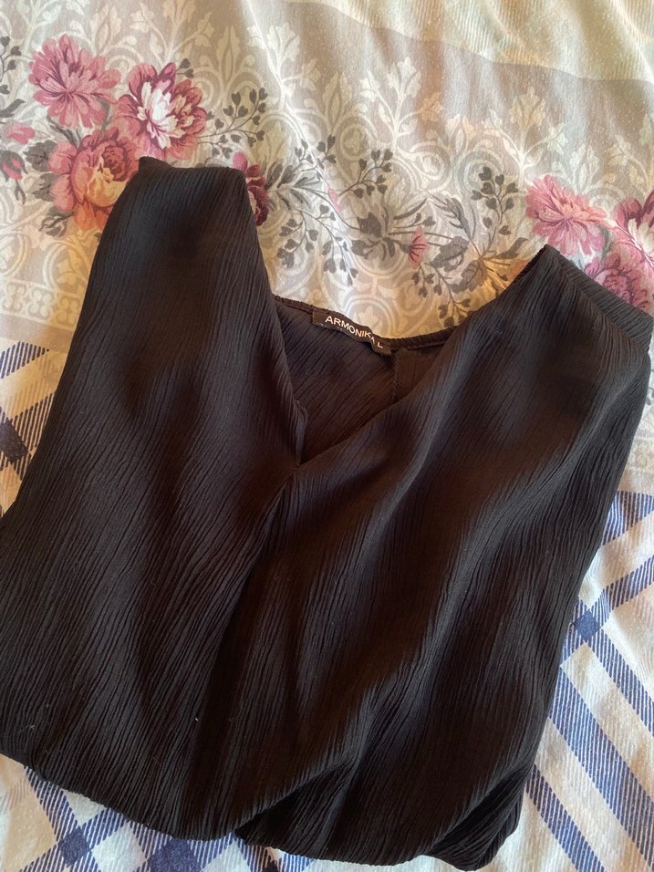 Siyah V Yaka Keten Salaş Bluz - Görsel 3