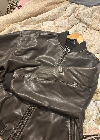 xl Beden kahverengi Renk Kadın Deri Ceket, Rahat Kesim, Fermuarlı, Gri
