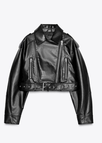 Siyah Deri Biker Kemerli Ceket