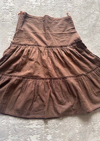 Kahverengi Keten Volanlı Midi Etek - Görsel 2