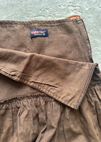 Kahverengi Keten Volanlı Midi Etek - Görsel 4