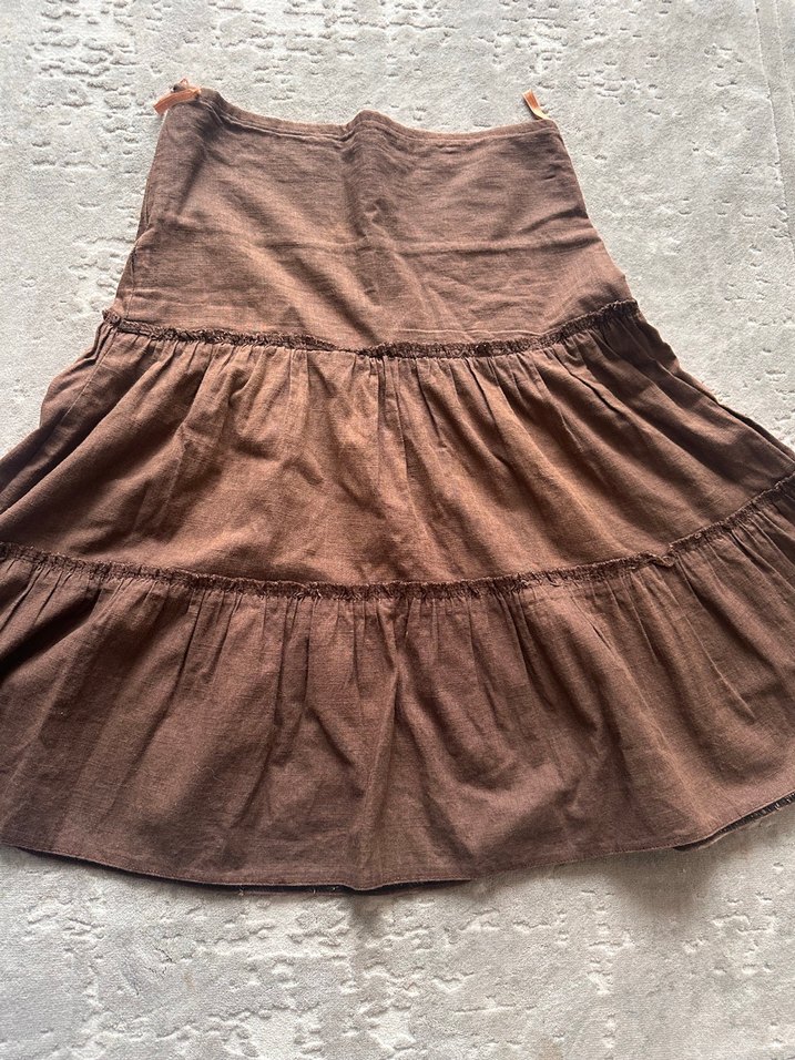 Kahverengi Keten Volanlı Midi Etek - Görsel 2