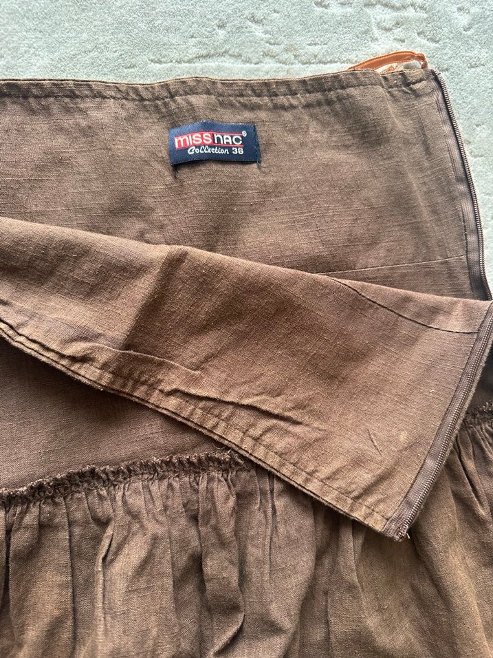 Kahverengi Keten Volanlı Midi Etek - Görsel 3