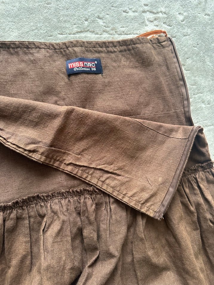 Kahverengi Keten Volanlı Midi Etek - Görsel 4