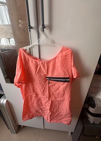 m Beden Düğmeli Kısa Kollu Pembe Keten Bluz