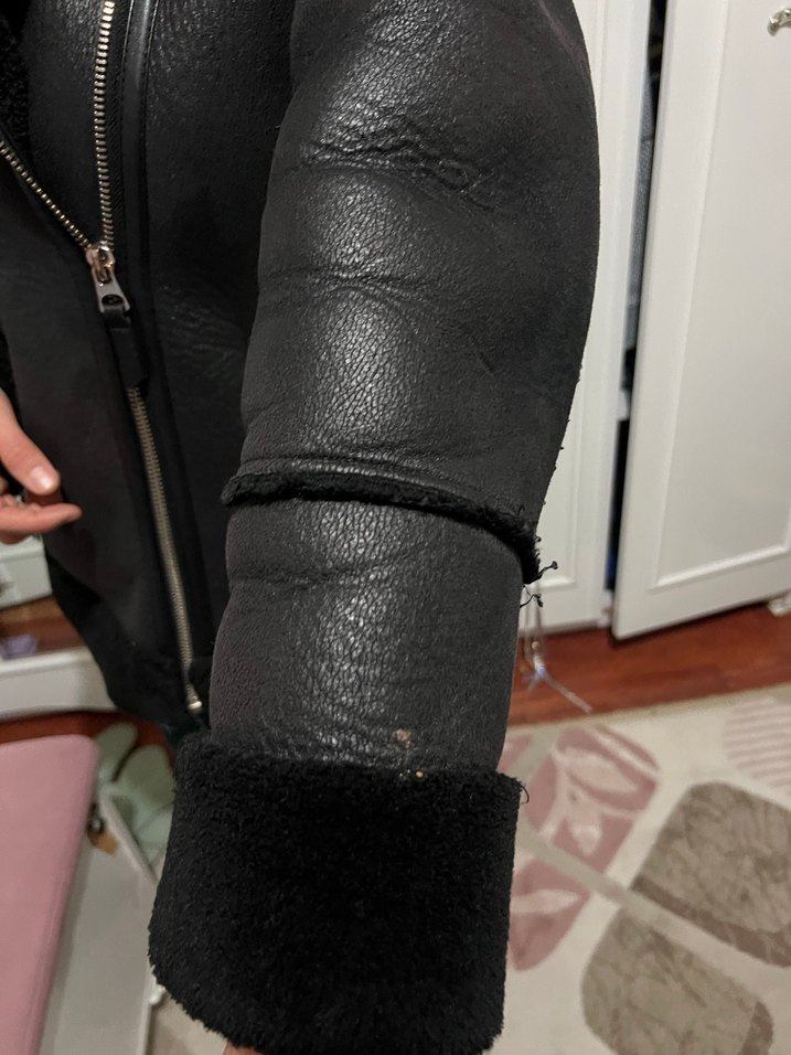 Siyah Kürklü Deri Biker Kadın Mont - Görsel 2