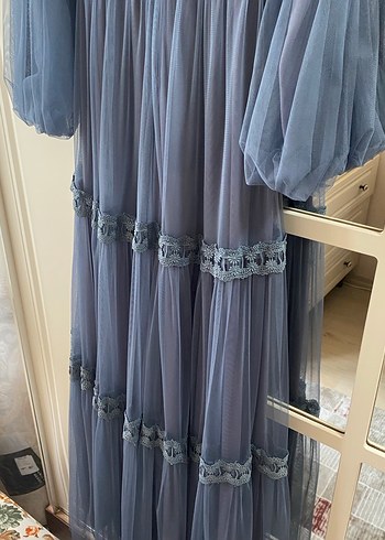 Uzun Kollu Mavi Vintage Bohem Elbise - Görsel 4