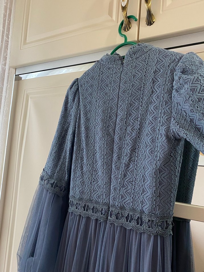 Uzun Kollu Mavi Vintage Bohem Elbise - Görsel 3