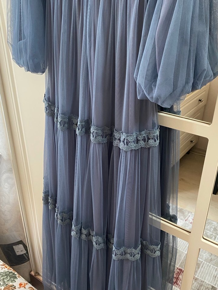 Uzun Kollu Mavi Vintage Bohem Elbise - Görsel 4