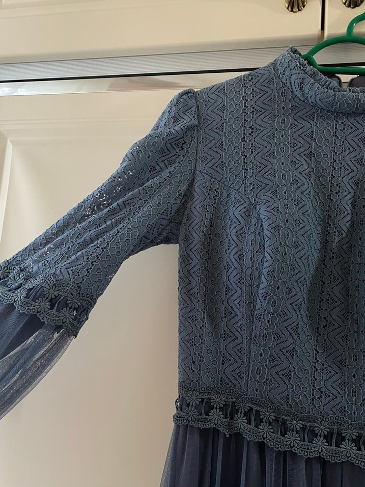 Uzun Kollu Mavi Vintage Bohem Elbise - Görsel 2