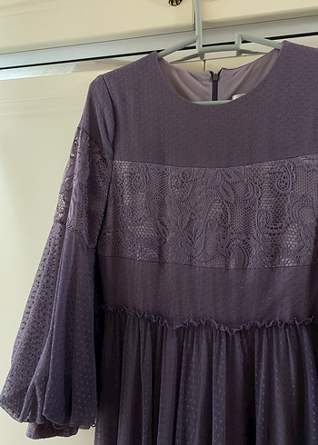 Bohem Mor Lila Uzun Kollu Dantel İşlemeli Elbise - Görsel 3