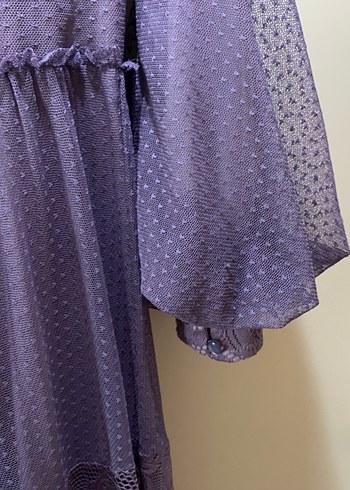 Bohem Mor Lila Uzun Kollu Dantel İşlemeli Elbise - Görsel 2