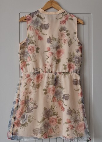 Bej Çiçek Desenli Düğmeli Midi Elbise - Görsel 2