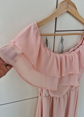 l Beden pembe Renk Pembe Mini Kayık Yaka Fırfırlı Elbise