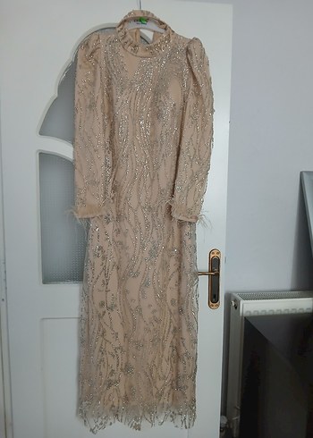 Bej Uzun Kollu Nakışlı Vintage Abiye