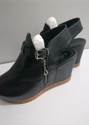 Siyah Deri Kadın Dolgu Topuklu Sandalet - Görsel 7