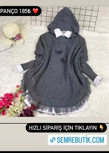 Gri Kapüşonlu Örgü Bohem Mini Kazak panço