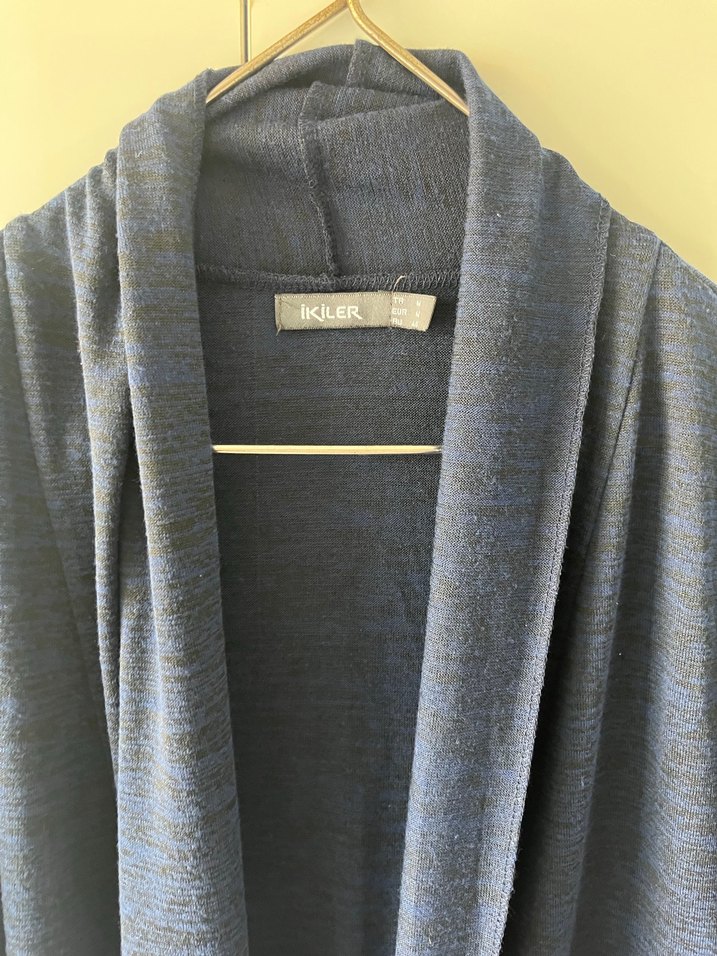 Linen Kumaşlı Midi Boy Lacivert Kadın Hırka - Görsel 3