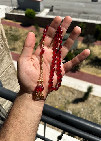 Kırmızı Erkek Tesbih Ateş Kehribar Gümüşlü