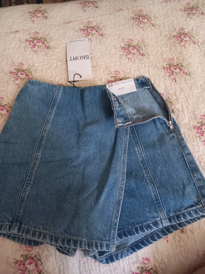 Düğmeli Mavi Denim Mini Etek - Görsel 3