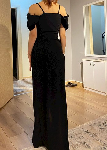 s Beden Uzun Siyah Drapeli Kadın Abiye Elbise