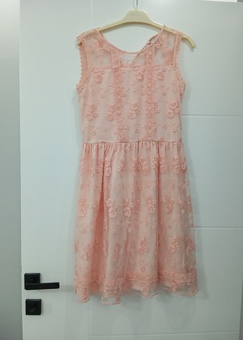 Kız Çocuk Pembe Dantelli Nakışlı Elbise