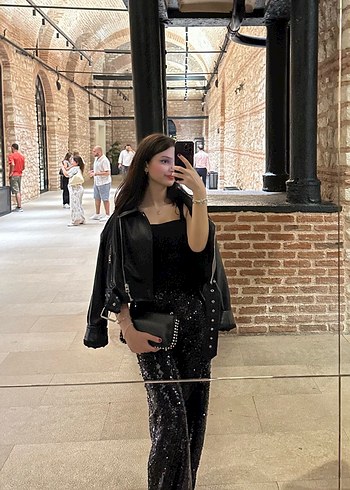 Kadın Siyah Kemerli Deri Biker Ceket - Görsel 2