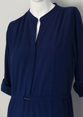 Midi Elbise V Yaka Beli İpli Lacivert - Görsel 3