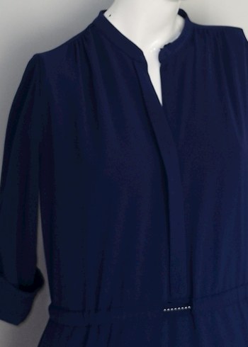 Midi Elbise V Yaka Beli İpli Lacivert - Görsel 4