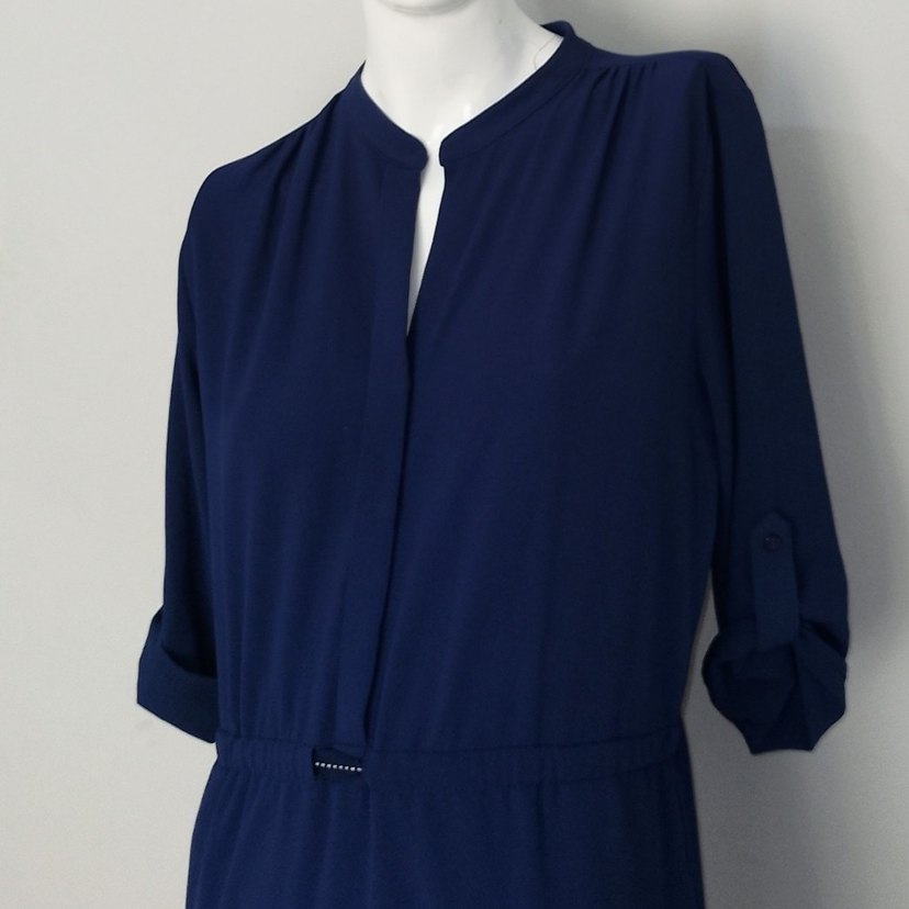 Midi Elbise V Yaka Beli İpli Lacivert - Görsel 3