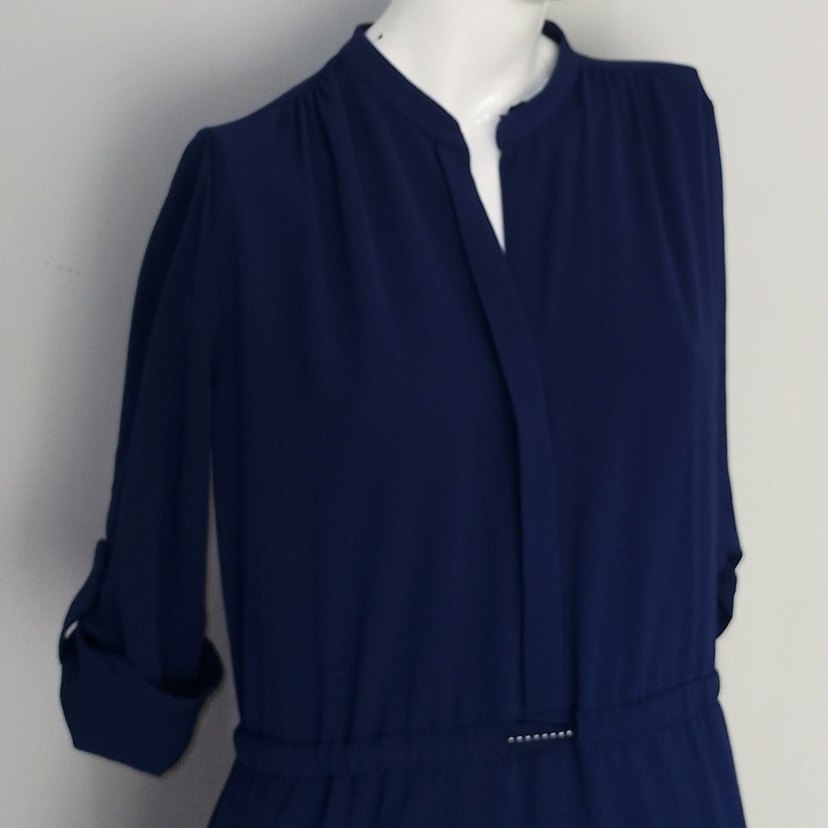 Midi Elbise V Yaka Beli İpli Lacivert - Görsel 4