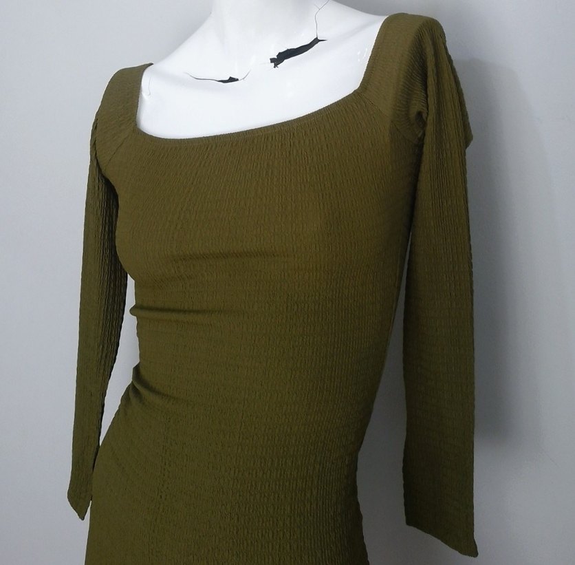 Bershka Yağ Yeşili Uzun Kollu Elbise XS - Görsel 3