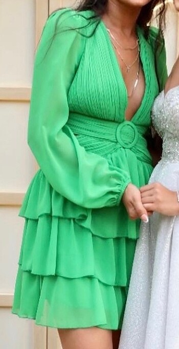 38 Beden yeşil Renk Tül Kol Beli Çapraz Tokalı Şifon Elbise