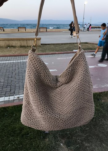 Bej Örgü Kumaş Kadın Omuz Çantası