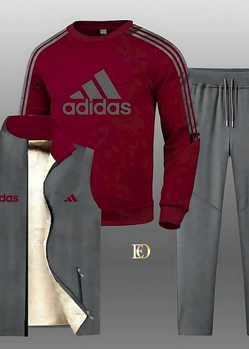 Erkek Koyu Kırmızı Adidas Sweatshirt ve Eşofman Takımı - Görsel 2