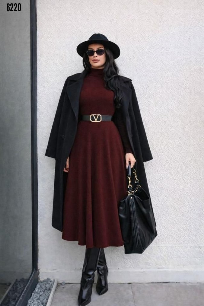 Bordo Süet Kemerli Uzun Elbise - Görsel 3