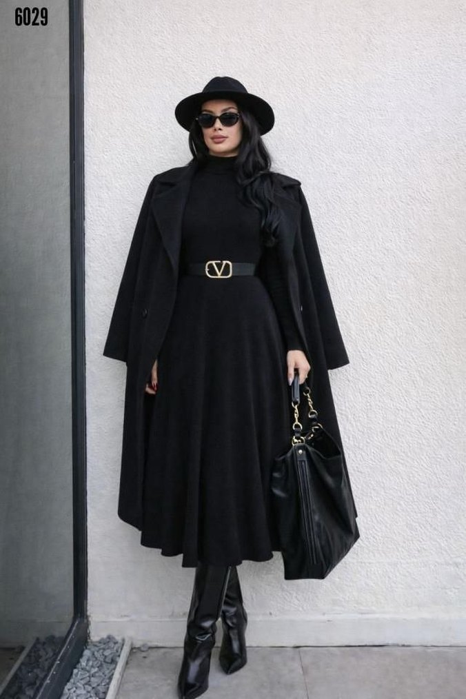 Siyah Deri Uzun Kollu Kemerli Elbise - Görsel 2