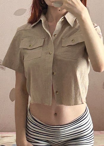 Camel Kısa Kollu Kadın Crop Gömlek - Görsel 2