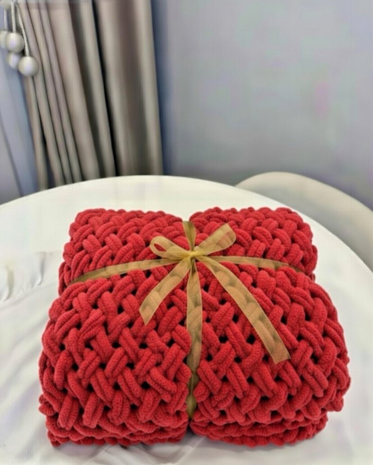 Alize puffy Kırmızı Örgü Battaniye - Görsel 3