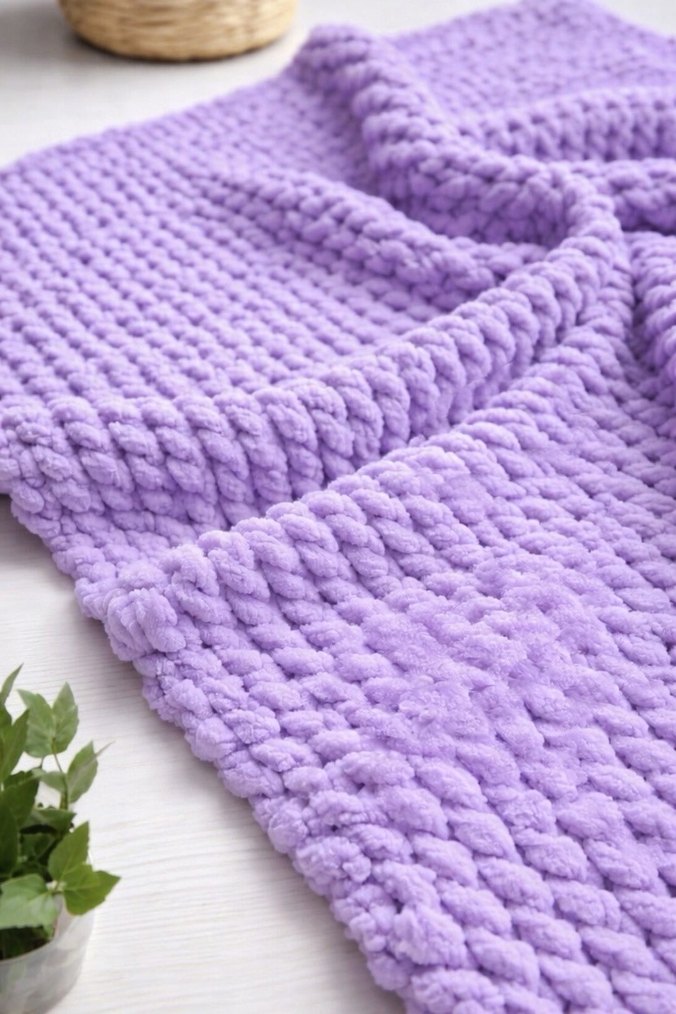 Lila Alize puffy Örgü Battaniye - Görsel 2