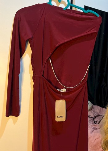 Bordo Zincir Detaylı Uzun Kadın Elbise - Görsel 2