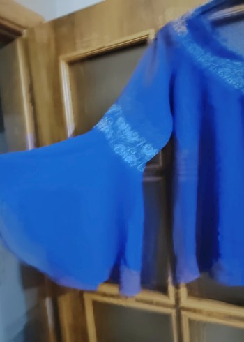 Dantel Detaylı Mavi ön arka V Yaka Bohem Bluz - Görsel 2