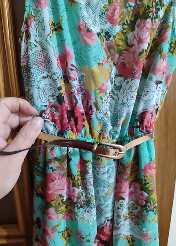 Turkuaz Çiçek Desenli Bohem Midi Elbise - Görsel 2