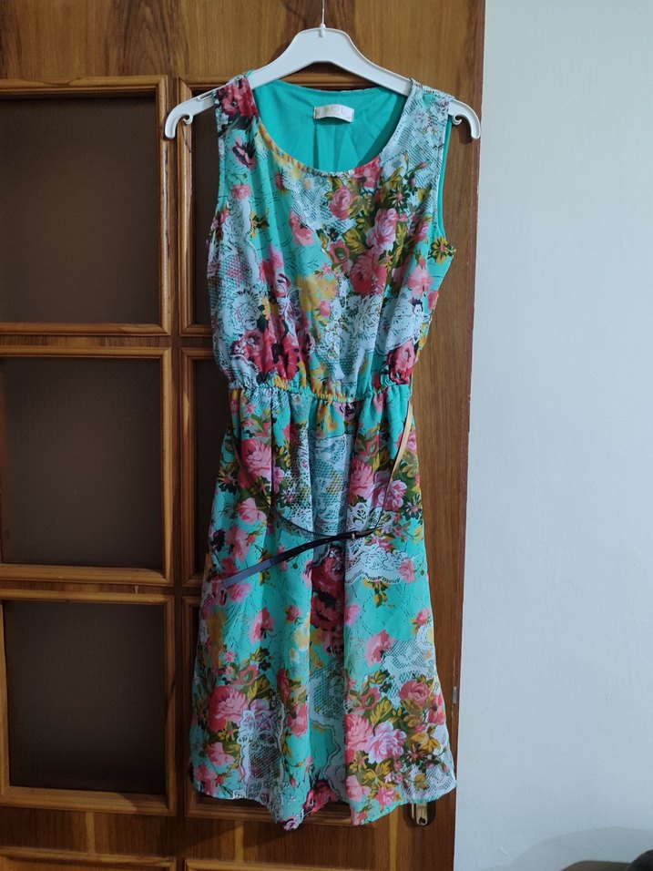 Turkuaz Çiçek Desenli Bohem Midi Elbise - Görsel 3