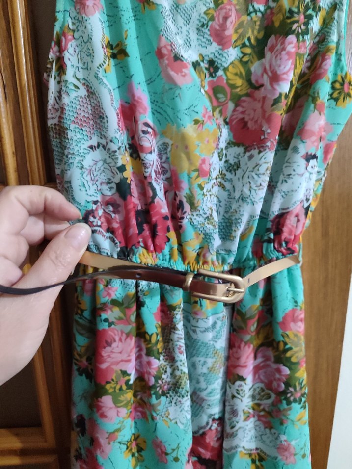 Turkuaz Çiçek Desenli Bohem Midi Elbise - Görsel 2