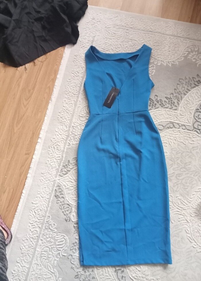 SAKS MAVİSİ üste oturan abiye elbise - Görsel 4