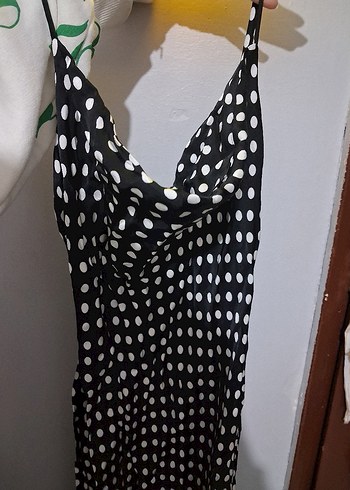 Zara Puantiyeli Saten Midi Elbise - Degaje Yaka (Etiketsiz) - Görsel 2