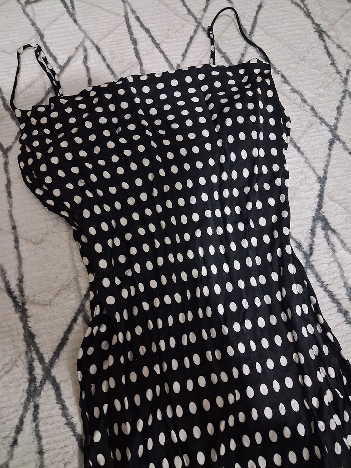 Zara Puantiyeli Saten Midi Elbise - Degaje Yaka (Etiketsiz) - Görsel 3