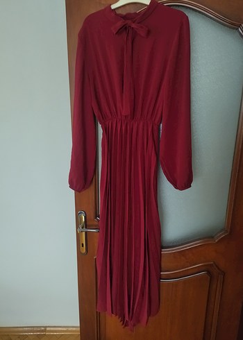 Bordo Piliseli Uzun Kollu Uzun Elbise
